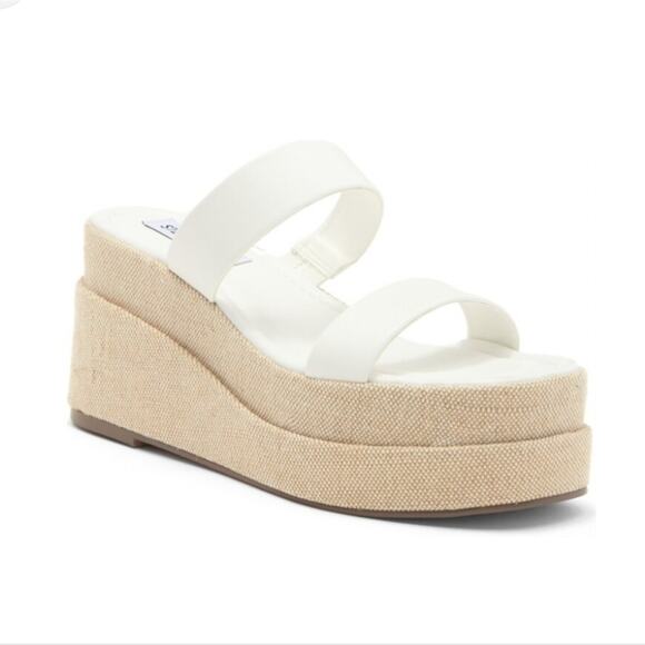 Steve Madden Women's Size 7 Merrcer Platform Slide Leather Sandal in White Beach - Picture 1 of 11